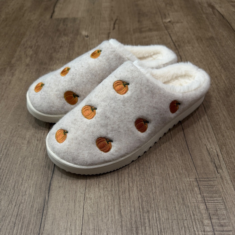 Kooba Slippers Women Size L US 8-9 Pumpkin Embroidery Faux Fur Lining